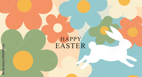 Happy Easter text with leaping white bunny silhouette against groovy retro 70s style large colorful flowers background