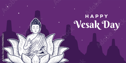happy vesak day horizontal banner illustration in hand drawn style