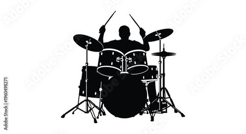 A dramatic black silhouette depicts a drummer energetically playing a full drum kit against a white background silhouette
