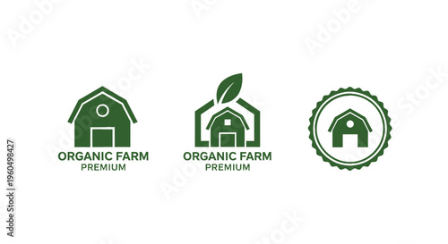 Organic Farm Logo Set: Barn, Leaf, Stamp Icons for Agriculture & Premium Products