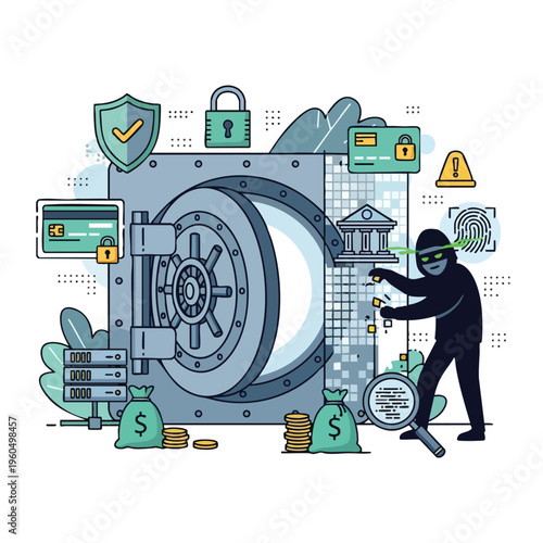 A thief attempts to breach a secure vault with money bags and credit cards nearby