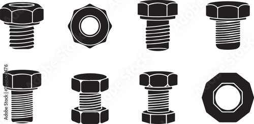 Industrial Steel Bolts and Hex Nuts Hardware Silhouette Vector Set