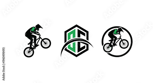 BMX Rider Silhouette Performing Trick, Hexagon Logo, Circle Emblem
