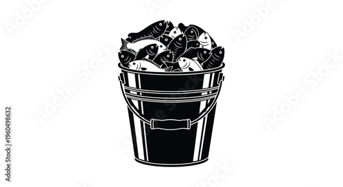 A black bucket overflows with numerous fish creating a striking visual composition a silhouette high quality professional detailed