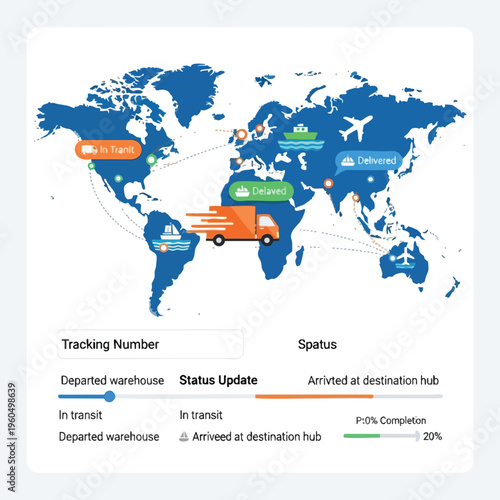 Global map showing delivery routes, statuses, and progress indicators