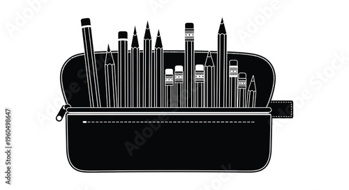 A collection of pencils and writing tools are densely packed inside an open pencil case silhouette high quality