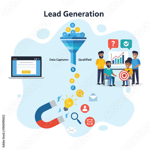 Process illustration showing lead generation from data capture to qualified leads