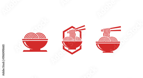 Red Noodle Bowl Icons: Simple, Modern Vector Graphics for Food Brands