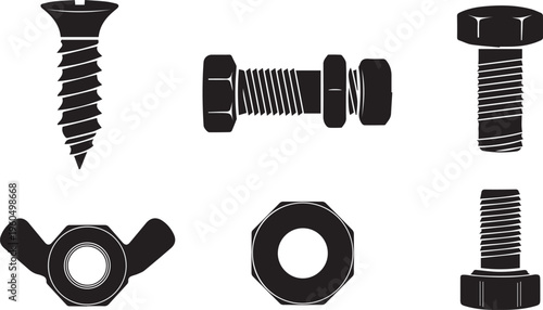 Industrial Hardware and Fasteners Icon Set: Bolts, Screws, and Nuts