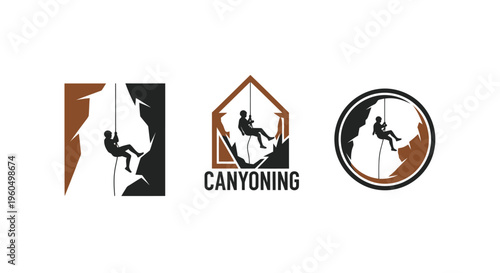 Canyoning Logo Set: Adventure, Extreme Sports, Outdoor Activity Icons