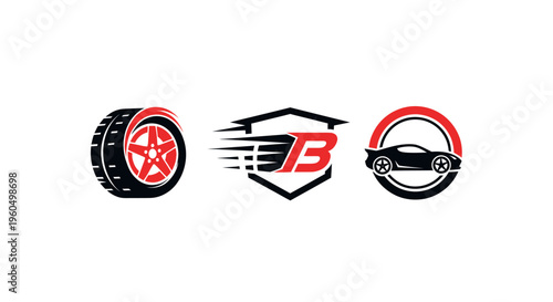Automotive Logo Collection: Tire, Speeding Letter B, and Sports Car Icon