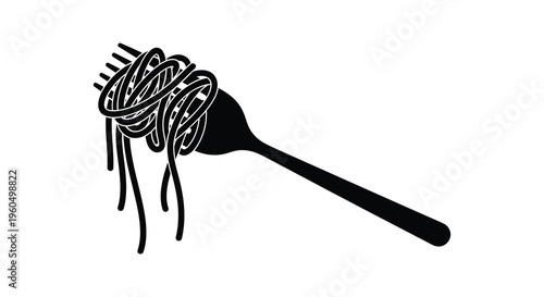 A black silhouette depicts a fork laden with a swirling mass of spaghetti showcasing italian cuisine silhouette