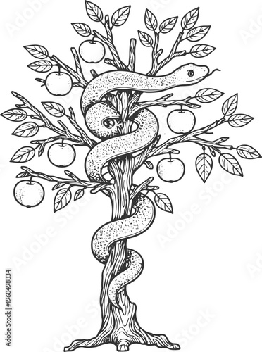Snake Wrapped Around Apple Tree Vintage Engraving Illustration