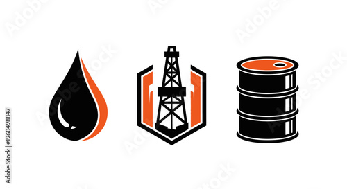 Oil industry icons: drop, rig, barrel. Energy resources, fuel, petroleum, black gold concept.