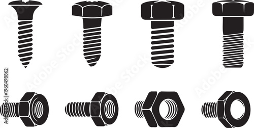Industrial Bolts Screws and Nuts Hardware Silhouette Vector Set