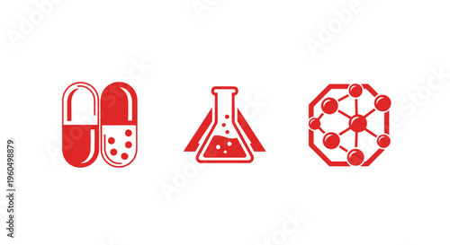 Medical Icons: Pills, Flask, and Molecular Structure in Red on White Background