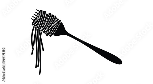 A striking black silhouette depicts a fork laden with a swirling nest of spaghetti a simple culinary image silhouette