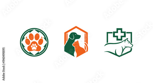 Veterinary Clinic Logos: Paw Print, Dog & Cat Silhouette, Medical Cross Animal