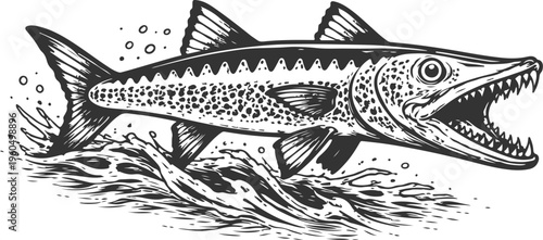 Aggressive Fish Jumping Out of Water Vintage Engraving Illustration