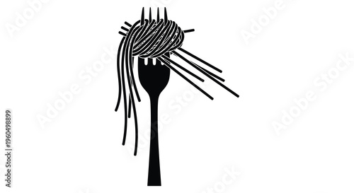 A striking black silhouette depicts a fork holding a tangled mass of spaghetti noodles a playful image