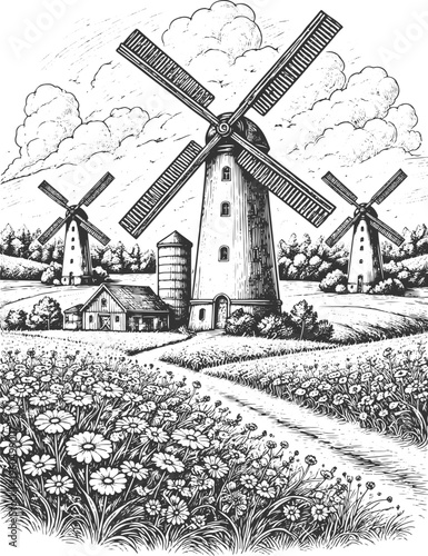 Title: Vintage Windmill Landscape Engraving Illustration