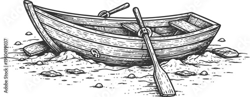 Wooden Rowboat on Shore Vintage Engraving Illustration