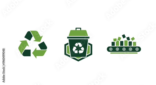 Recycling icons: symbol, bin, and conveyor belt with waste