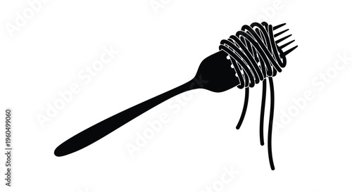 A dark silhouette depicts a fork loaded with a swirling mass of spaghetti showcasing a simple design silhouette