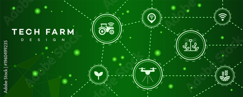 Modern smart agriculture network banner illustrating digital farming technology, precision irrigation, drone spraying, and crop monitoring for sustainable agribusiness.