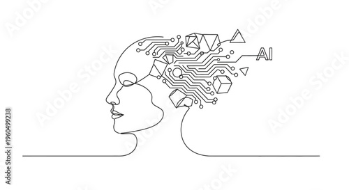 AI Brain Concept: Human Head with Circuitry and Geometric Shapes