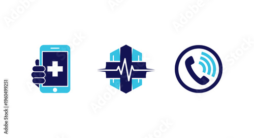 Healthcare Icons: Medical App, ECG, and Phone Call - Digital Health Concept