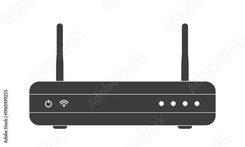 Wifi router icon black flat vector, wireless internet modem device with antennas, network connection hardware symbol, home broadband equipment for web connectivity, technology interface design