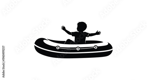 A young boy with arms outstretched joyfully floats on an inflatable raft depicted as a silhouette high quality
