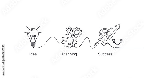 Business growth concept: idea, planning, success, and achievement with gears and trophy