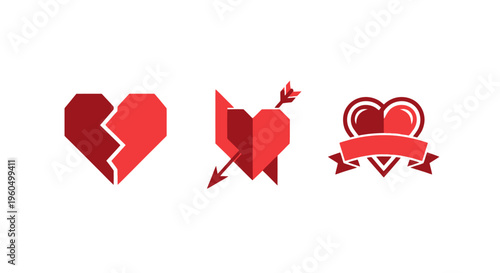 Three stylized red heart icons: broken, pierced by arrow, and with ribbon