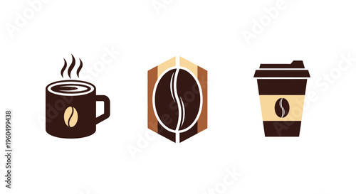 Coffee icons: hot mug, bean logo, and takeaway cup on white background