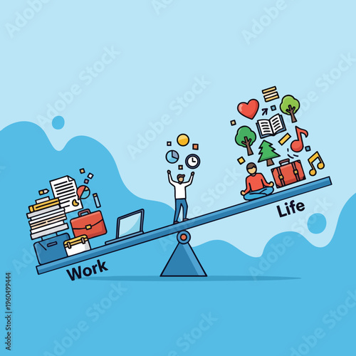 A see-saw depicts work and life, with a person juggling to achieve balance