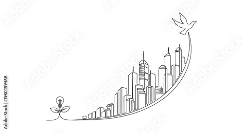 Growth and freedom concept: city skyline, growing plant, and flying bird
