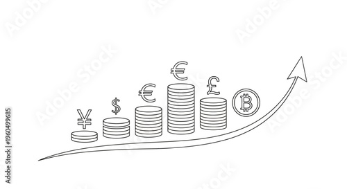 Financial Growth: Currency Symbols Stacked on Upward Trend Line with Arrow