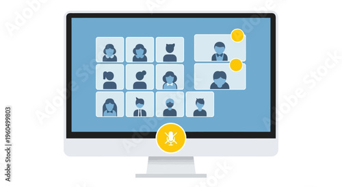 Video conference screen with participants and bug icon, online meeting technology concept