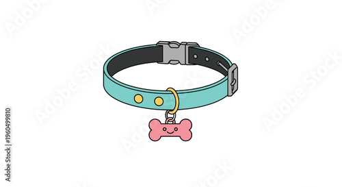 Stylish teal leather dog collar features a cute pink bone-shaped ID tag with a happy smiley face engraved on it.