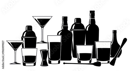 Cocktail Bar Silhouette: Assorted Drinkware, Shakers, and Bottles on White Background