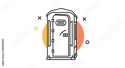 Simple line drawing of a portable toilet cabin shows its basic structure and door on a colorful circular background.