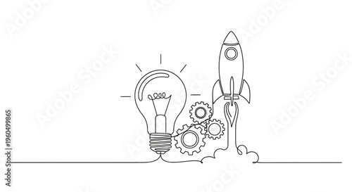 Startup idea concept: light bulb, gears, and rocket ship launch, single line drawing