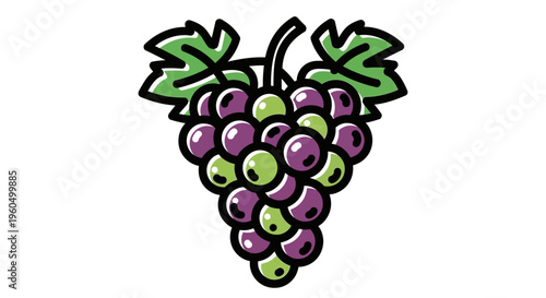 Fresh Grapes Bunch with Green Leaves, Hand-Drawn Style