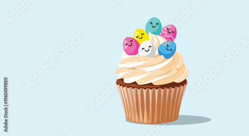 Festive chocolate cupcake is piled high with cream and decorated with several colorful smiling Easter eggs.