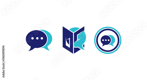 Modern Communication Icons: Chat Bubbles, Open Book, and Circular Message Symbol
