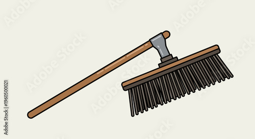Cleaning Broom with Long Handle and Stiff Bristles - Isolated on Light Background