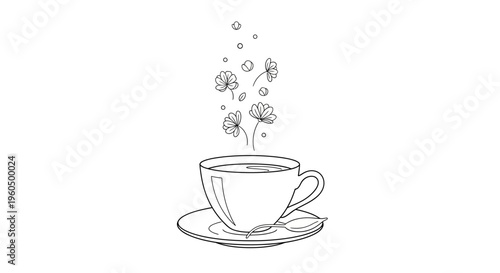 Aromatic Tea Cup with Blooming Flowers and Bubbles in a Sketchy Line Art Style
