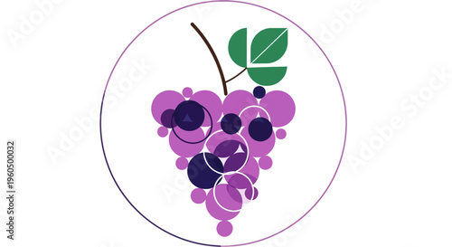 Abstract Grapes Illustration: Purple Circles Forming Fruit Bunch with Leaf and Stem
